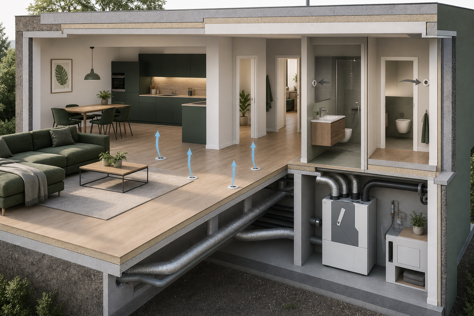 Schnitt durch ein Wohnhaus: zentrale Lüftung im Technikraum, Zuluft über Bodenauslässe, Abluft über Wandauslässe in Bad/Küche